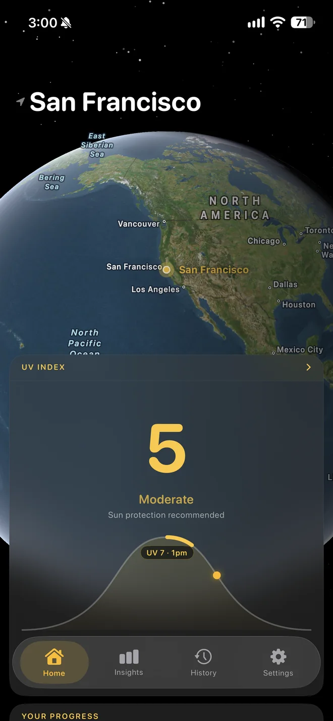 SunDaily home screen showing a UV index of 5, Moderate, for San Francisco with the UV curve peaking at 7 around 1pm