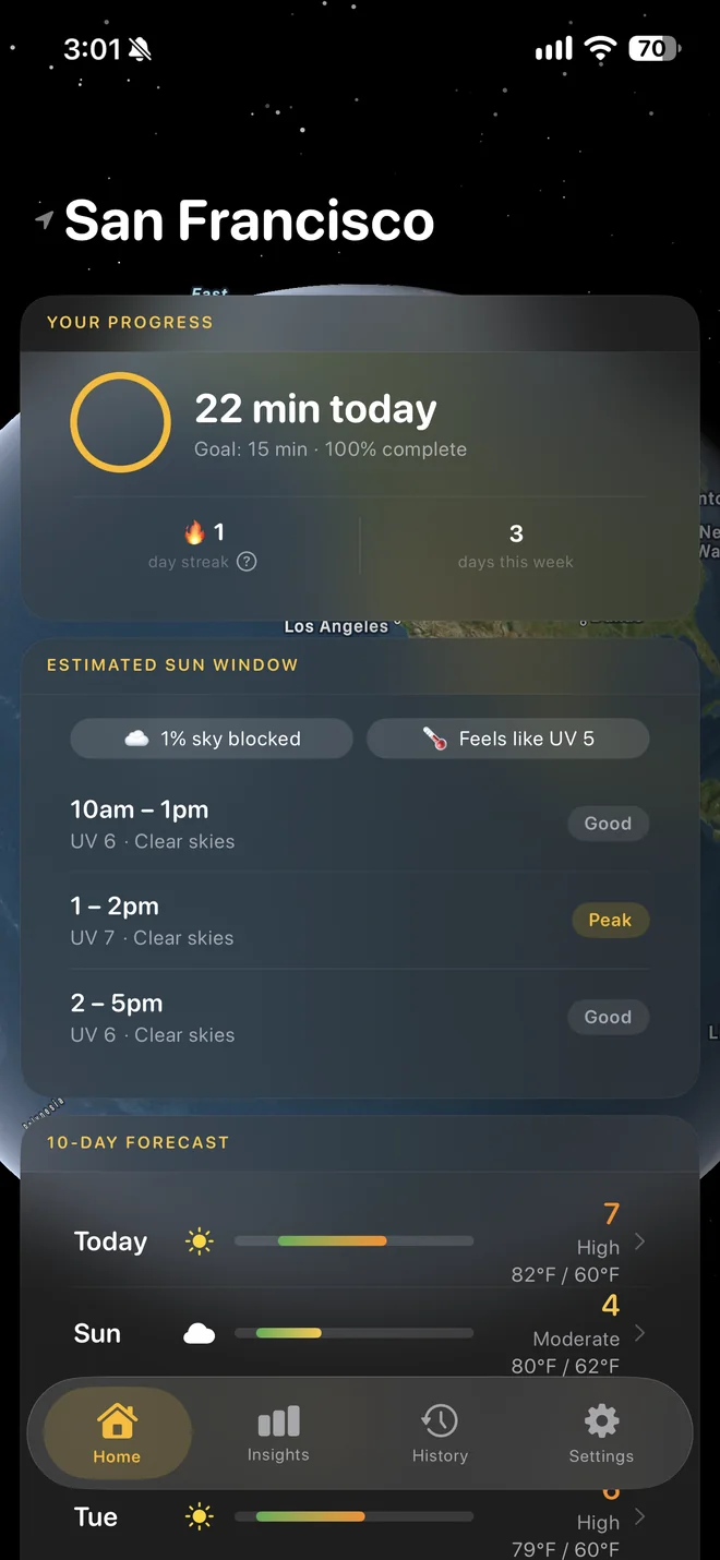 SunDaily progress card showing 22 minutes outdoors today against a 15 minute goal, the estimated sun window and the 10-day UV forecast