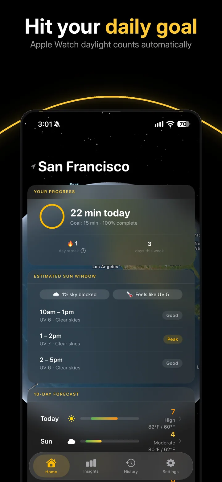 Hit your daily goal: progress ring, estimated sun window and 10-day forecast, with Apple Watch daylight counted automatically
