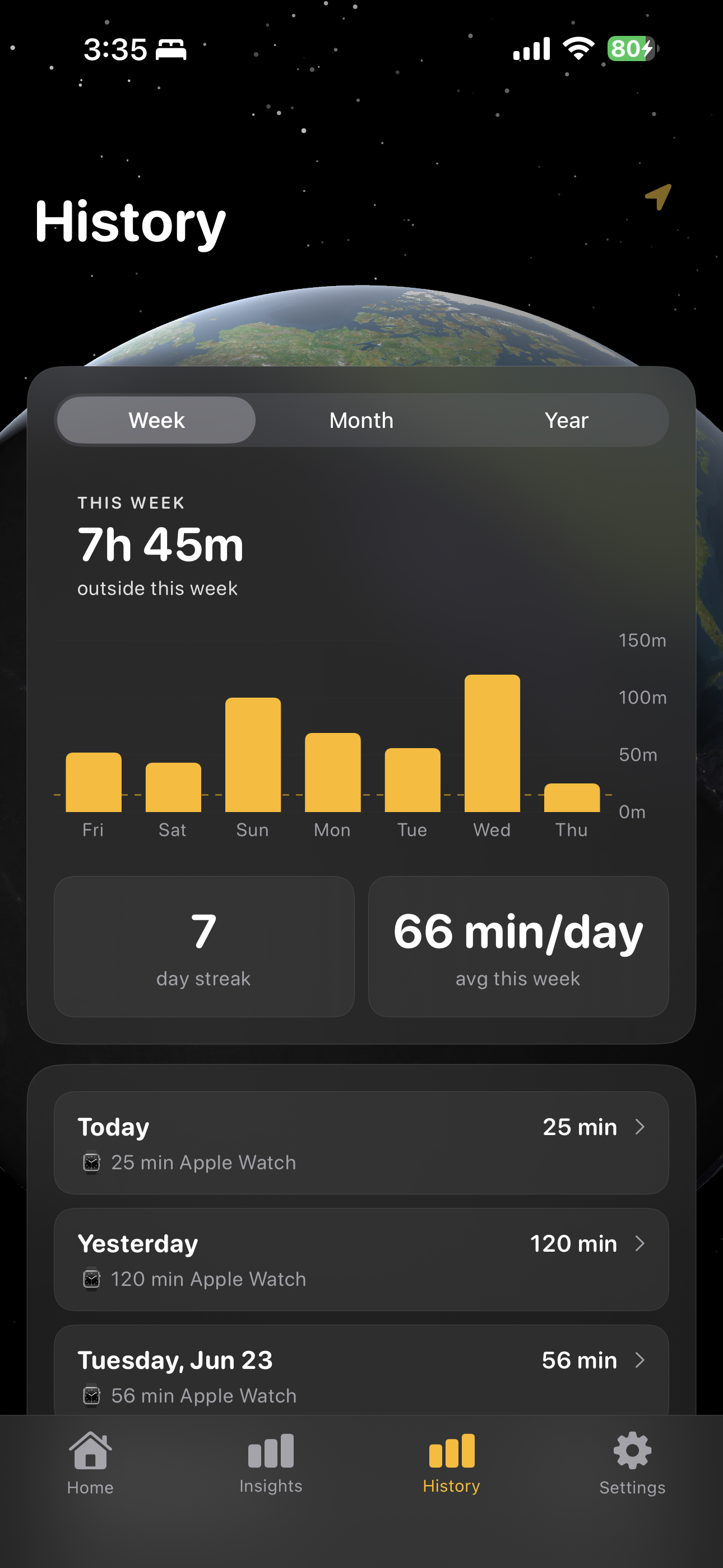 SunDaily weekly history with Apple Watch data